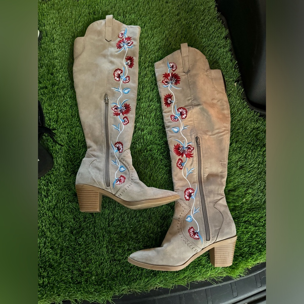 Knee high brown floral boots
